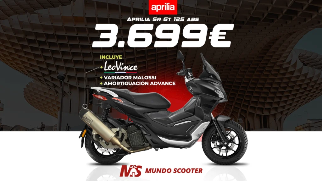 LLévate en Mundo Scooter Sevilla tu Aprilia SR GT 125 SPORT con escape Leovince + variador Malossi + amortiguación Advance por 3.799€.